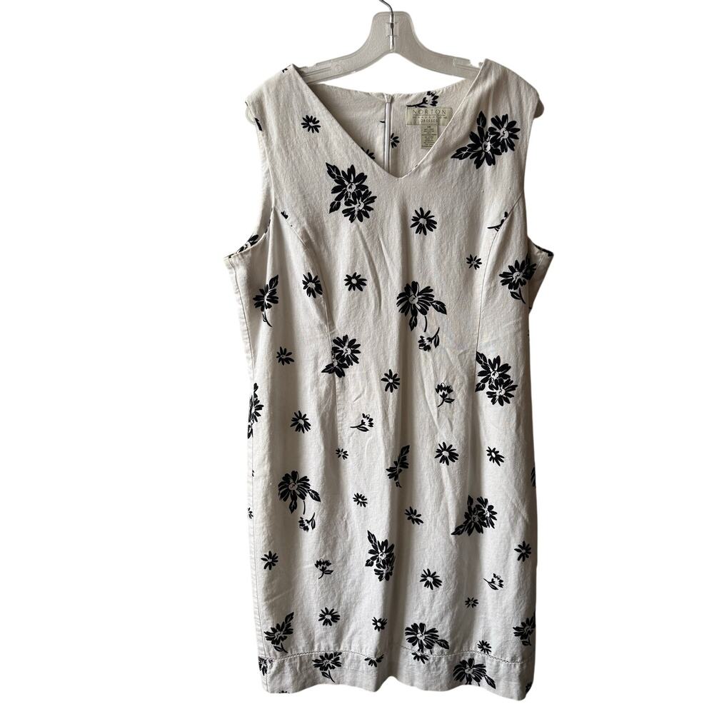 Vtg 90s Linen Shift Dress White Black Floral Sleeveless Midi Coastal Women 18